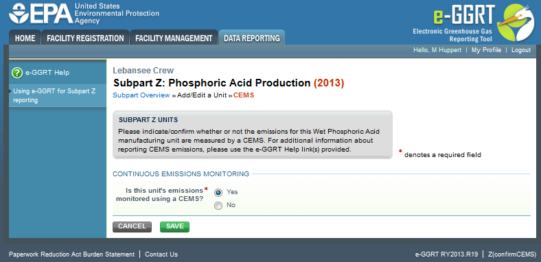 Subpart Z: Step 2 - Indicate CEMS utilization for a unit